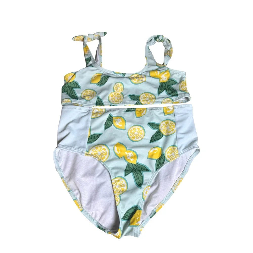 DSG Girls Lemon Print Swimsuit Set Tie‎ Strap Top High Waisted Bottoms L 2 Piece